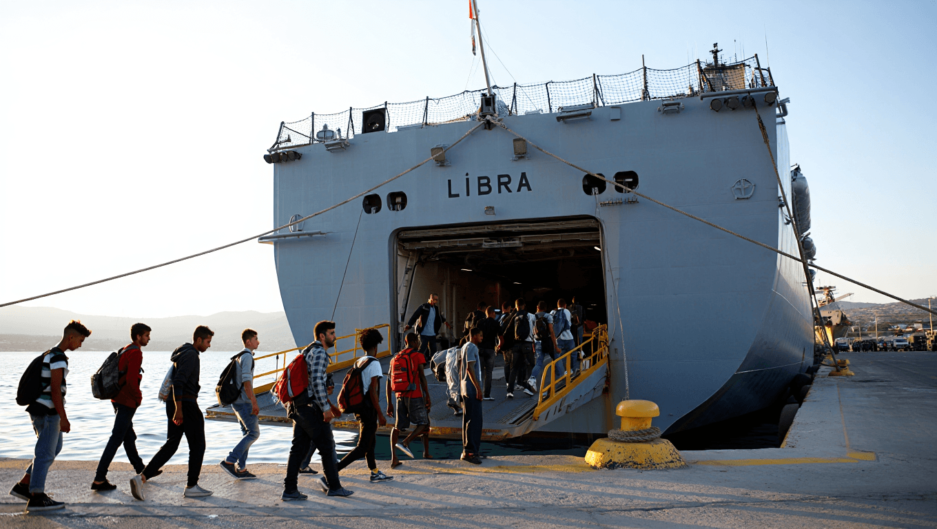 Albania, l'arrivo della nave Libra e lo sbarco dei migranti: portati verso l'hotspot a gruppi di 4