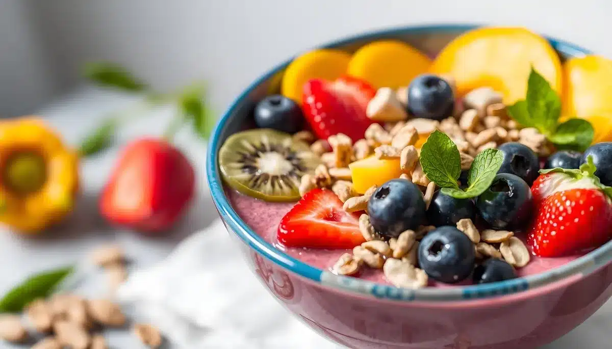 Ciotola di colazione con porridge, frutti di bosco, frutta secca e cannella