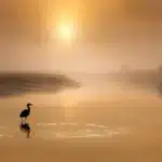 Pontile al tramonto con figure in silhouette, lanterna e maschera tradizionale in primo piano